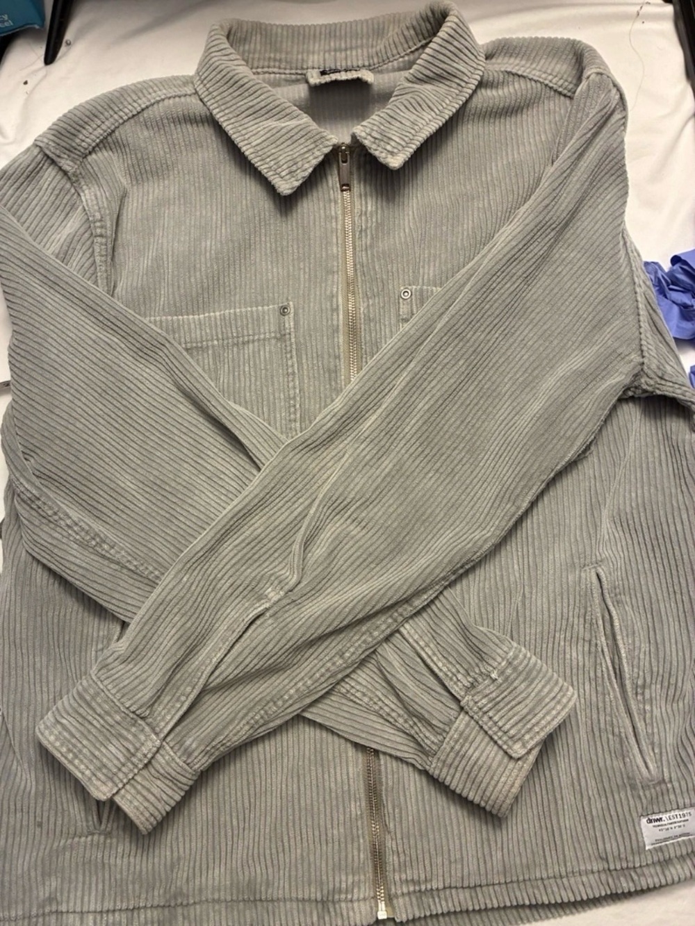 Zara Grey Corduroy Jacket Shacket Size XL Zipper Pockets Long Sleeved